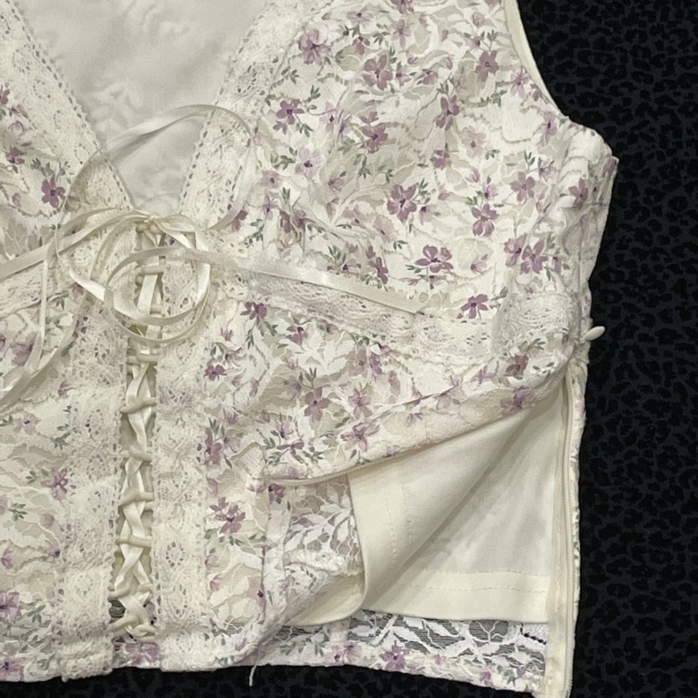 Y2K Babydoll Fairy Lace Floral Top Whimsical Small Festival Lace Up Front - Picture 4 of 8